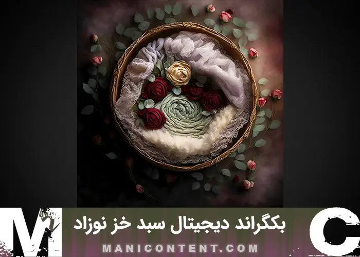 بک گراند دیجیتال سبد گرد چوبی خز سفید پارچه ای شاخه گل قرمز آتلیه نوزاد